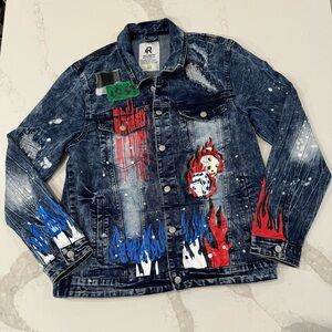 Refinery Republic Distressed Painted Patched Denim Jean Graffiti Jacket Mens Med